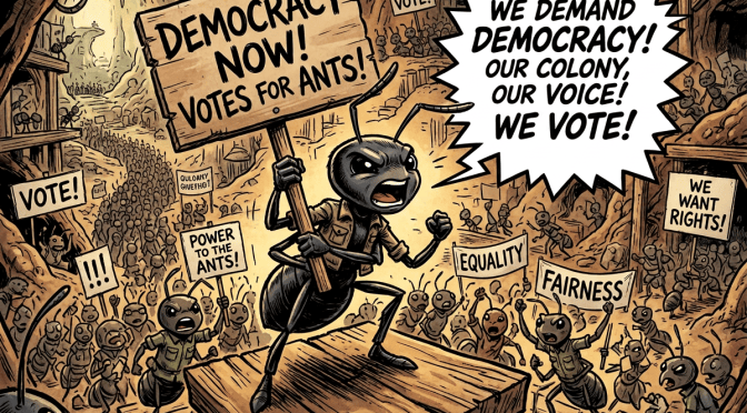 Ants hold signs reading “DEMOCRACY NOW! VOTES FOR ANTS!”, “WE DEMAND DEMOCRACY! OUR COLONY, OUR VOICE! NO QUEENS, WE VOTE!”, “VOTE!”, “POWER TO THE ANTS!”, “EQUALITY,” “FAIRNESS,” and “WE WANT RIGHTS!”